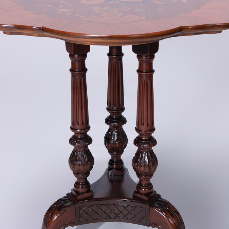 Antique Heron Satinwood Marquetry Scalloped Triple Pedestal Side Tables, c1930