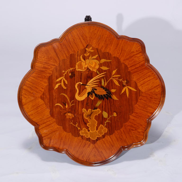 Antique Heron Satinwood Marquetry Scalloped Triple Pedestal Side Tables, c1930