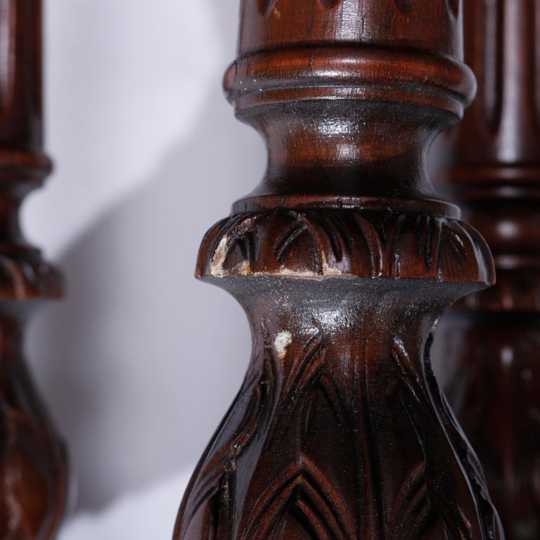 Antique Heron Satinwood Marquetry Scalloped Triple Pedestal Side Tables, c1930