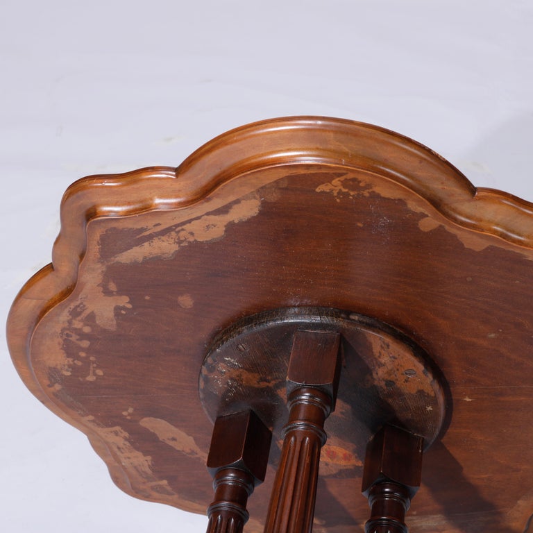Antique Heron Satinwood Marquetry Scalloped Triple Pedestal Side Tables, c1930