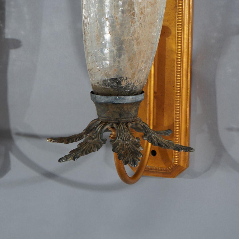 Pair Mid-Century Modern French Style Fleur-de-lis Crackled Glass Wall Sconces