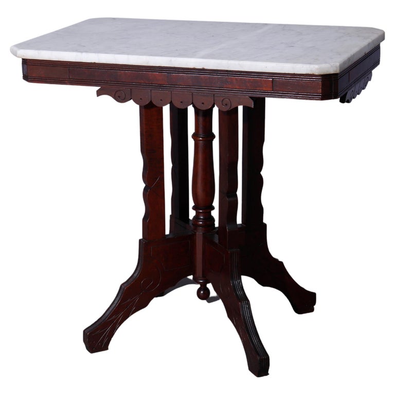 Antique Eastlake Walnut, Burl & Marble Parlor Table c1890