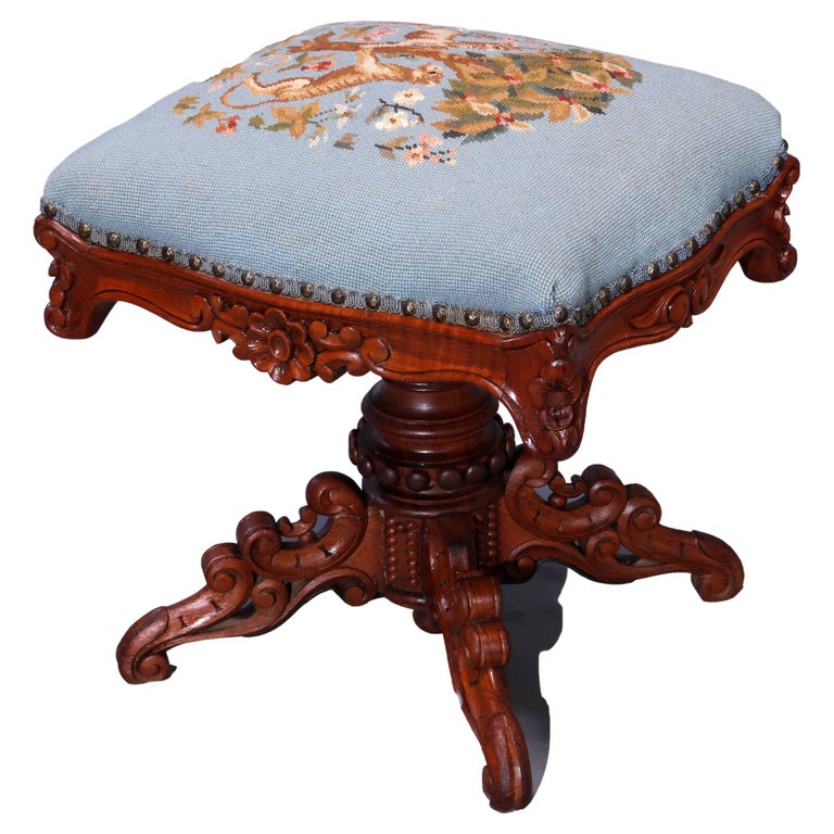 Antique Rococo Needlepoint & Walnut Revolving Stool, Unicorn & Tiger, c1880