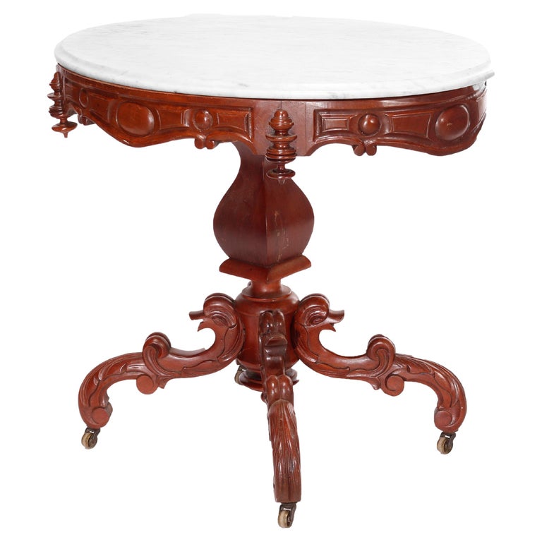 Antique Renaissance Revival Figural Carved Oval Marble Top Parlor Table, c1880