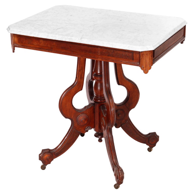 Antique Eastlake Walnut & Burl Marble Top Parlor Table circa 1890