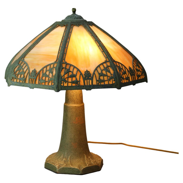 Antique Arts & Crafts Bradley & Hubbard School Slag Glass Lamp, Circa 1920