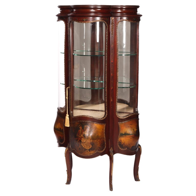 Antique Verni Martin Decorated Mahogany & Ormolu Curved Glass Vitrine, 19th C