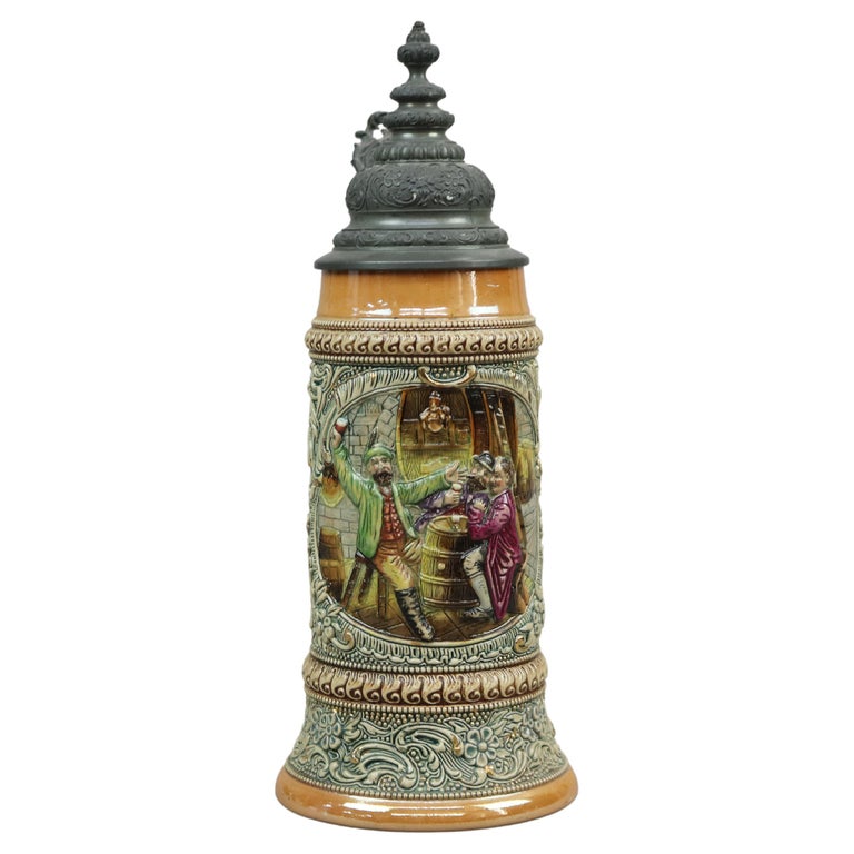 Antique Large German Stoneware Beer Stein, Genre Tavern Scene in Relief, c1900