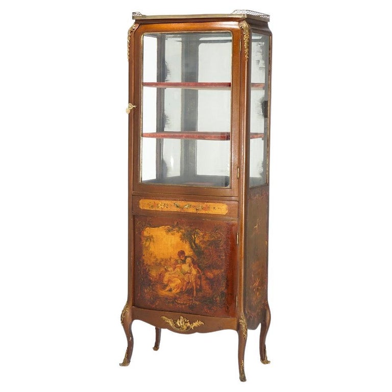 Antique French Vernis Martin Decorated Mahogany Vitrine, Circa 1890