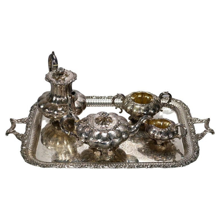 Antique English Silver Plate Four Piece Tea Set with Tray 19th C