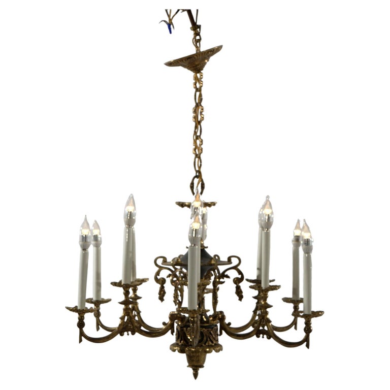 Antique French Empire Style Ebonized Bronze Twelve-Light Chandelier, Early 20thC