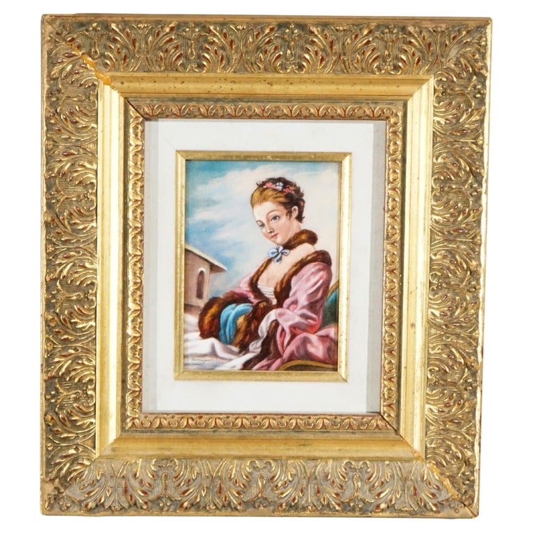 French Limoges Enamel on Copper Portrait Painting of a Woman, 20th C