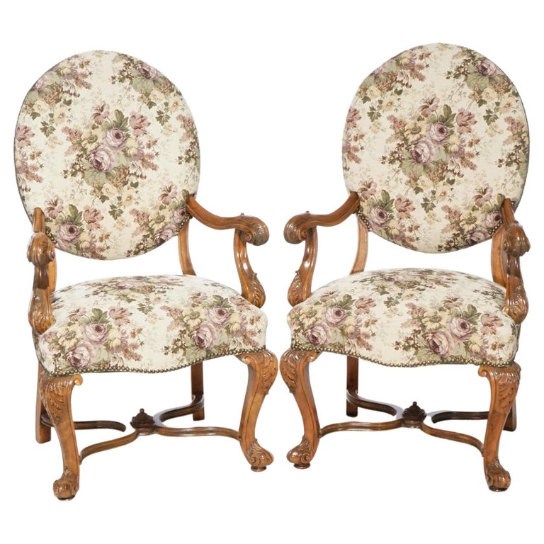 Antique Pair Italian Walnut Carved Arm Chairs, circa 1920