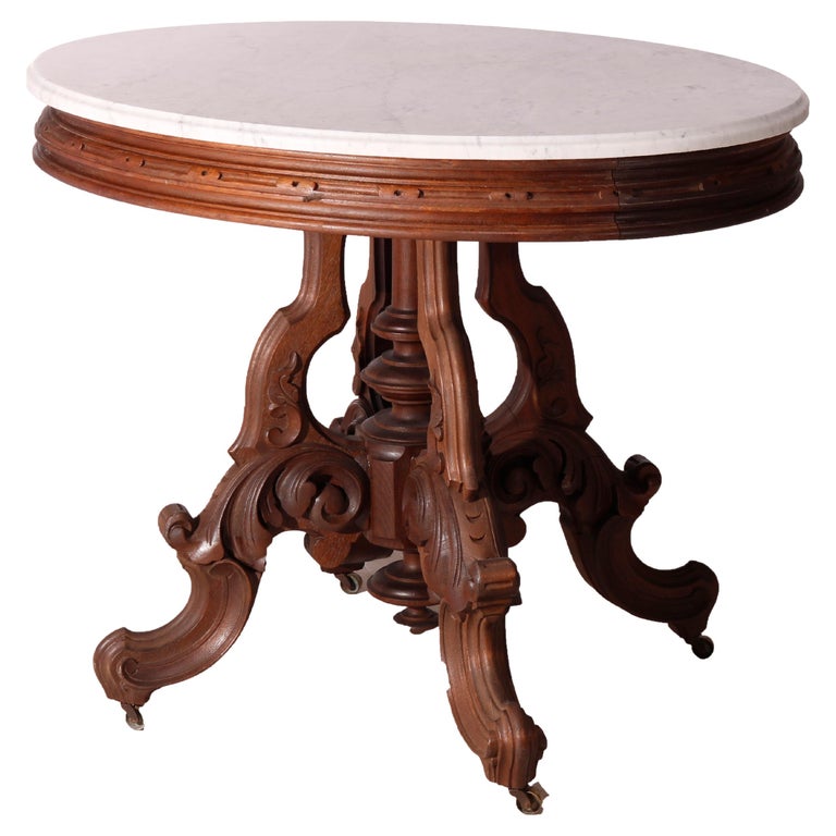 Oversized Antique Victorian Walnut Brooks Oval Marble Top Parlor Table 1890