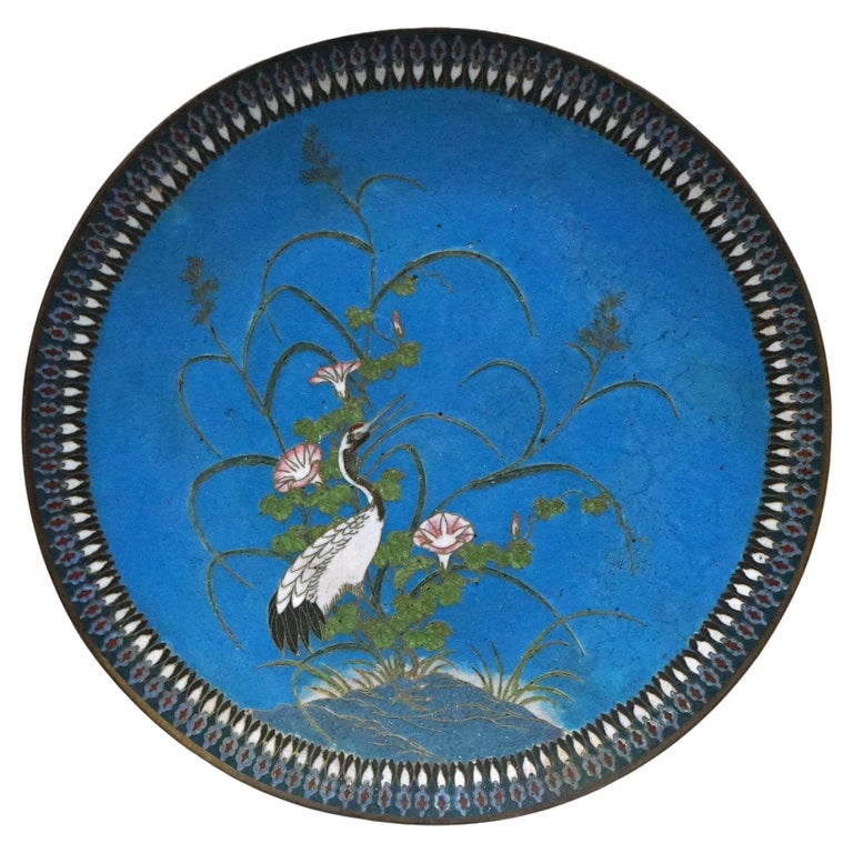 Japanese Meiji Cloisonne Enameled Figural Charger With Marsh Scene & Heron 20thC