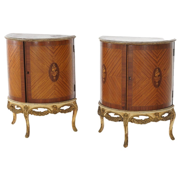 Two Antique Antique French Satinwood Inlaid Marquetry Demilune Side Tables C1920