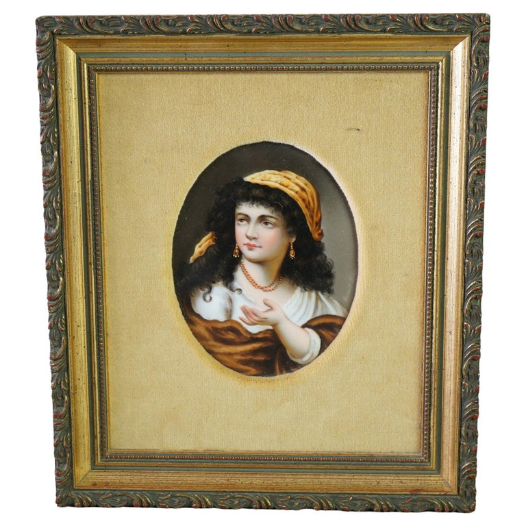 Antique KPM School Portrait Painting on Porcelain of Gypsy Girl Late 19th C