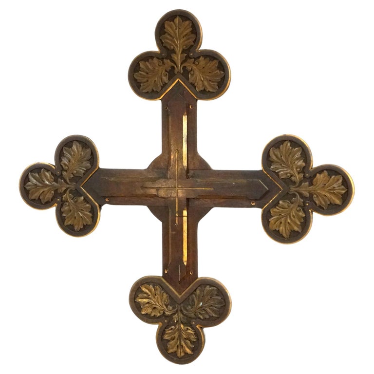 Antique Monumental Gothic Parcel Gilt & Polychromed Carved Oak Cross 19thC