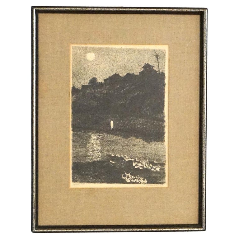 Mid Century Modern Impressionist Litho Night Scene Pencil Titled & Signed