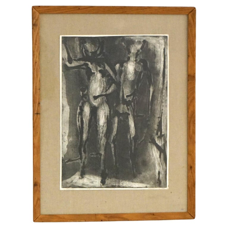 Mid Century Modern Ltd Ed Charcoal Litho #3/10 “Joy In Eden” for Ghandi, Signed