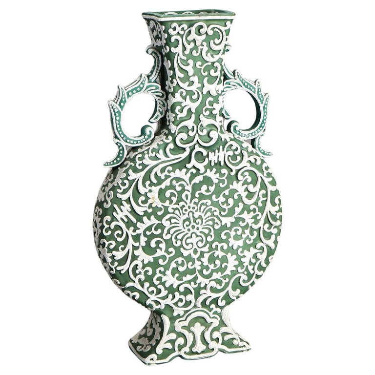 Antique Japanese Moriage Green Pottery Pillow Vase C1920