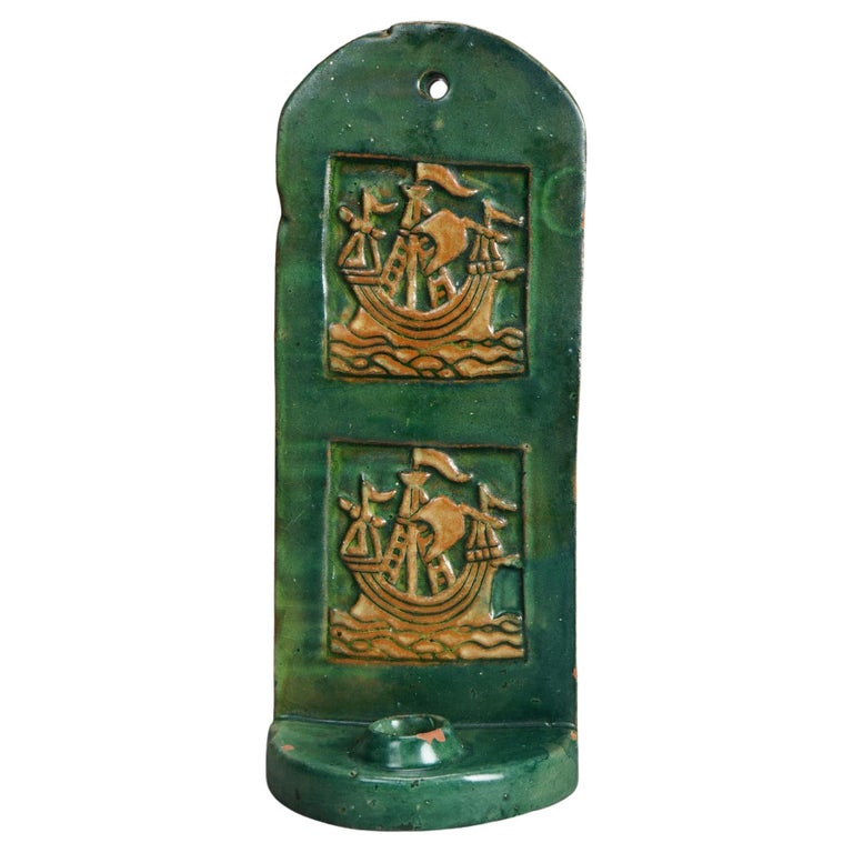 Antique Monmouth Pottery Slab Terra Cotta Candle Sconce, Bucks County, c1910