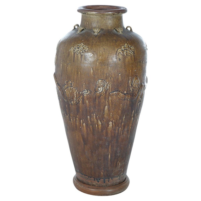 Antique 35" Chinese Floral & Figural Dragon Embossed Pottery Floor Vase 19thC
