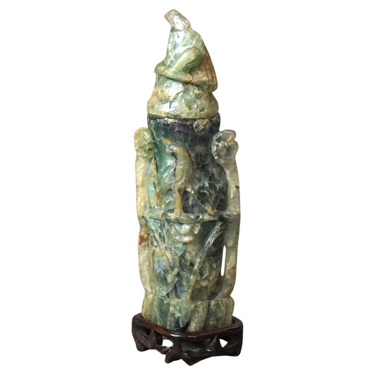 Antique Asian Carved Jade Soapstone Sculpture with Birds C1890