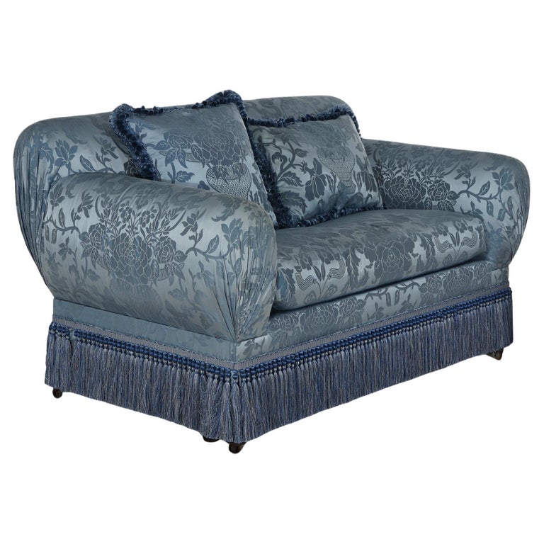 Hollywood Regency Upholstered Overstuffed Settee with Fringe Skirt 20thC