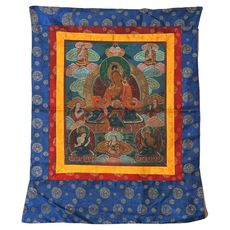 Antique Tibetan Hand Painted Silk and Canvas Thangka with Figures C1920