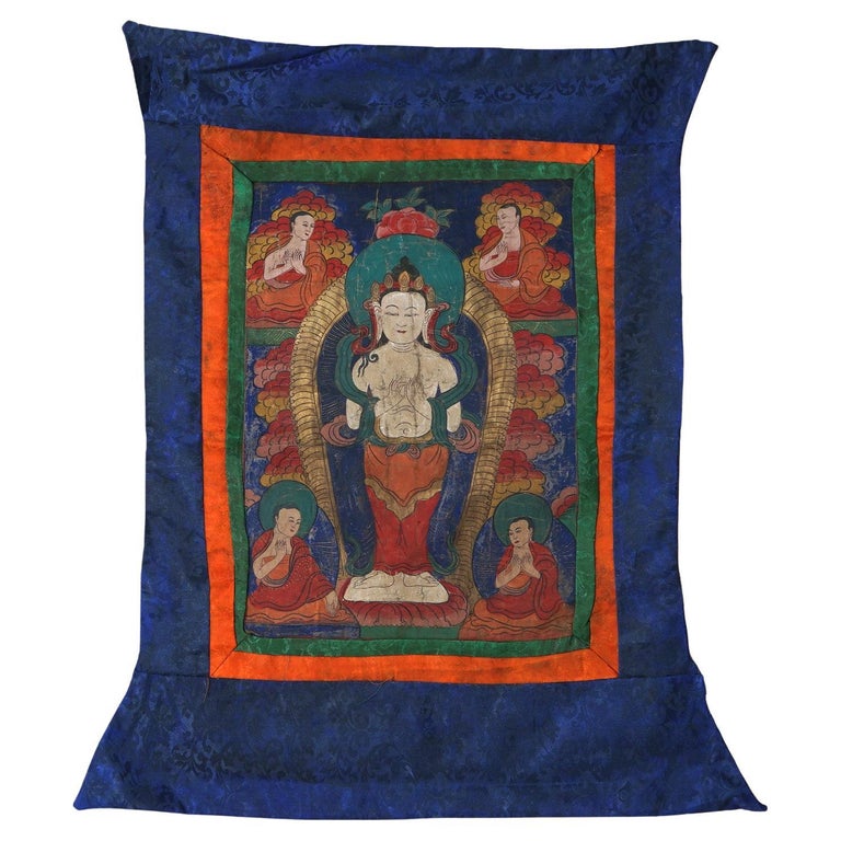 Antique Tibetan Hand Painted Silk and Canvas Thangka with Figures C1920