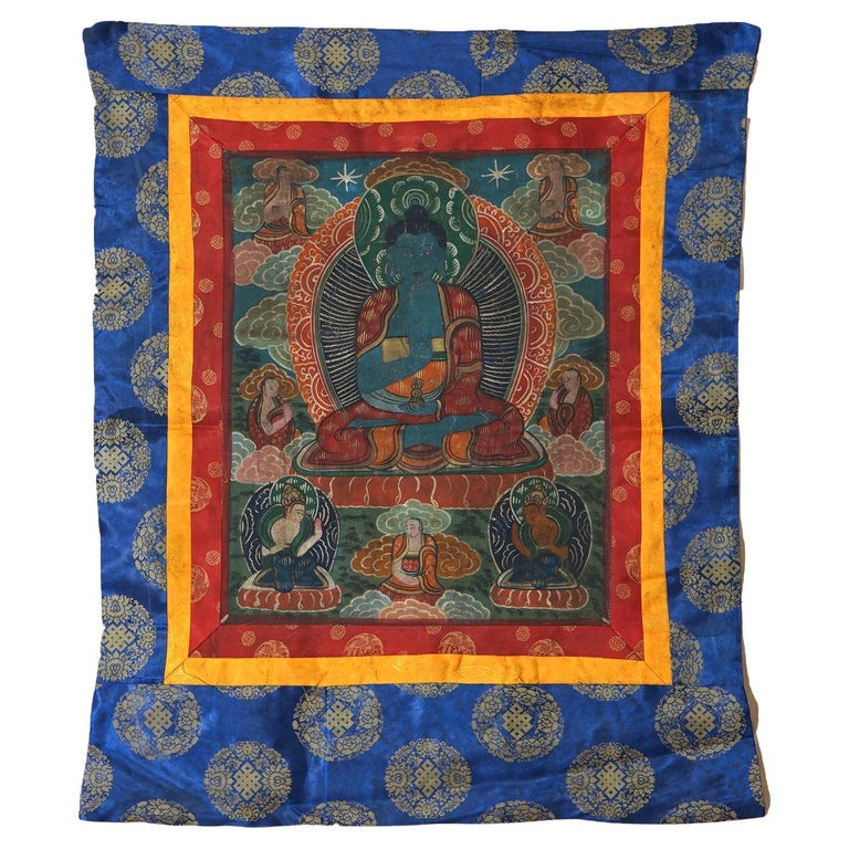Antique Tibetan Hand Painted Silk and Canvas Thangka with Figures C1920