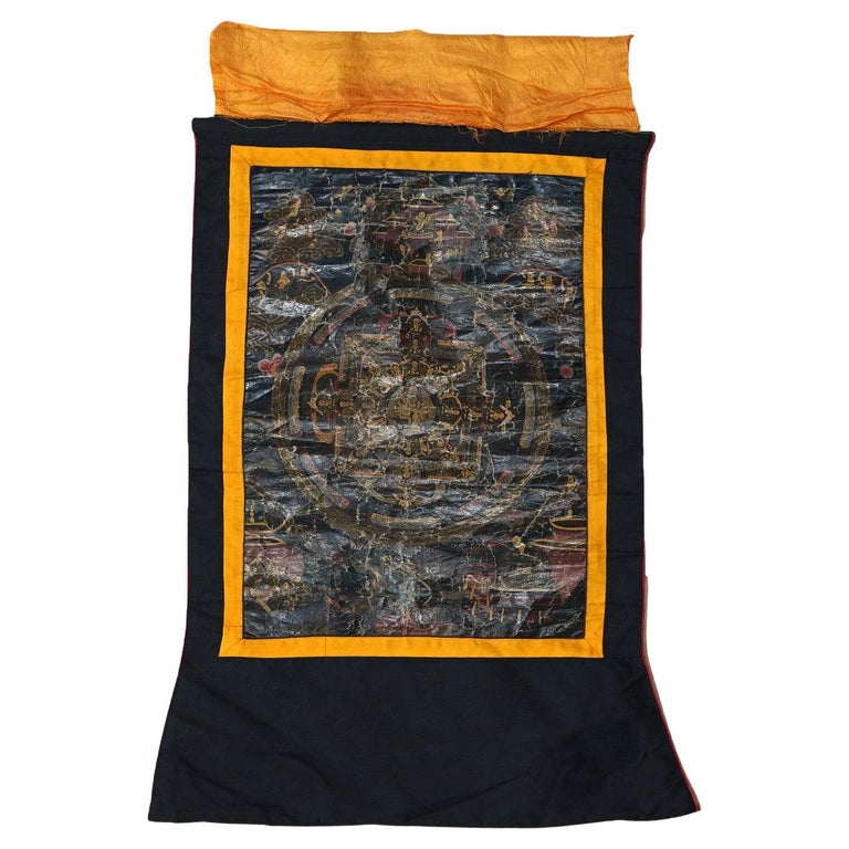Antique Tibetan Hand Painted Silk and Canvas Thangka with Figures C1920