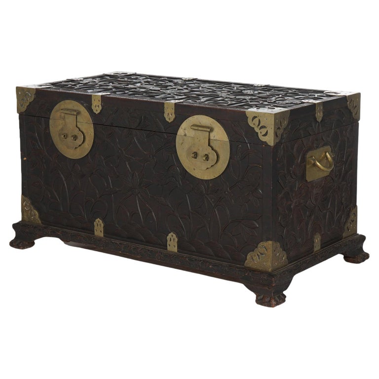Antique Chinese Blanket Wedding Chest Carved in Relief with Floral Design C1890
