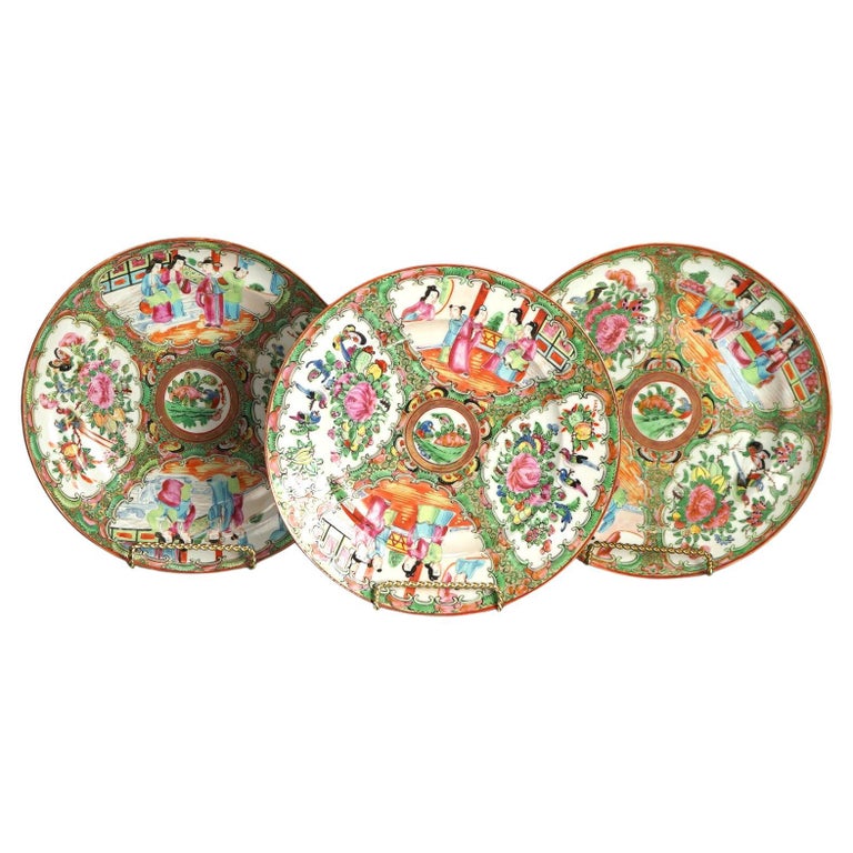 Three Antique Chinese Rose Medallion Porcelain Low Bowls with Genre Scenes C1900