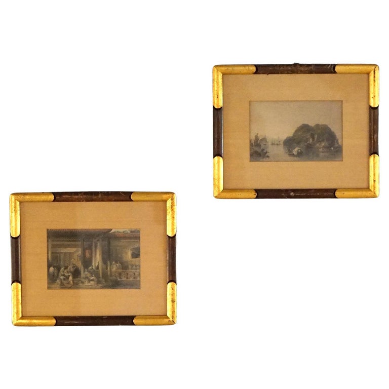 Pair of Antique Chinese Prints, Genre & Lake Scenes, Framed, C1920
