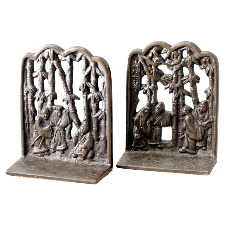 Pair of Chinese Cast Bronze Bookends with Figures & Bamboo, C1920