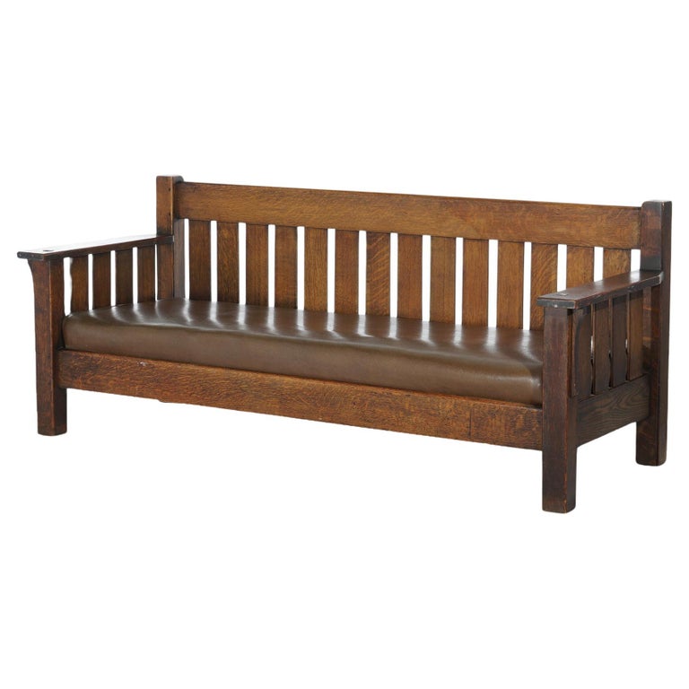 Arts & Crafts JM Young Mission Oak Slat-Back Settle with Cushion, C1910