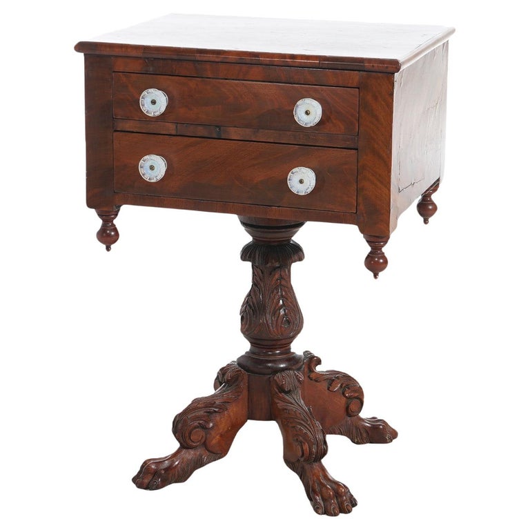 Antique American Empire Carved Flame Mahogany Two-Drawer Sewing Table c1840