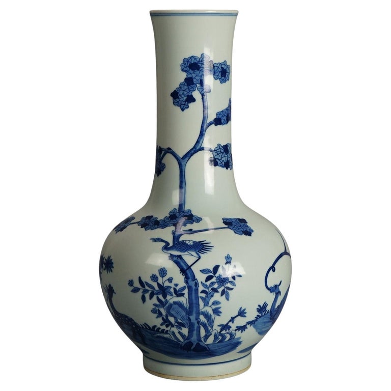 Chinese Blue & White Pottery Bottle Vase with Garden Scene & Deer 20thC