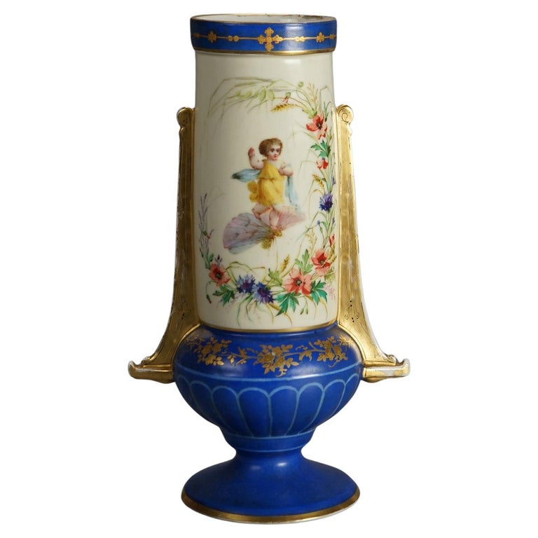 Antique Old Paris Porcelain Portrait Vase with Young Girl & Gilt Highlight C1890
