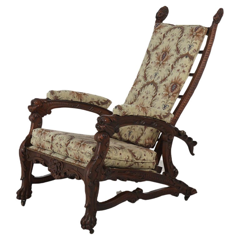 Antique Victorian Renaissance Revival Figural Carved Walnut Morris Chair C1890