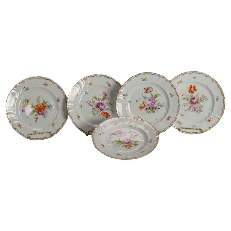 Five Antique German Dresden Porcelain Plates with Hand Painted Flowers c1900