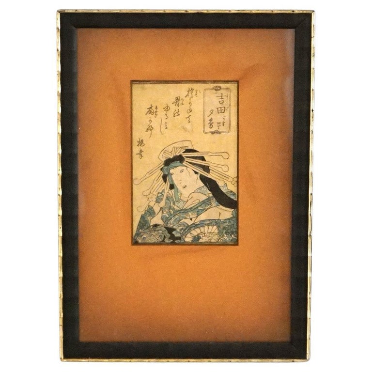 Antique Japanese Woodblock Print of Portrait by Kunisada, Framed, C1920