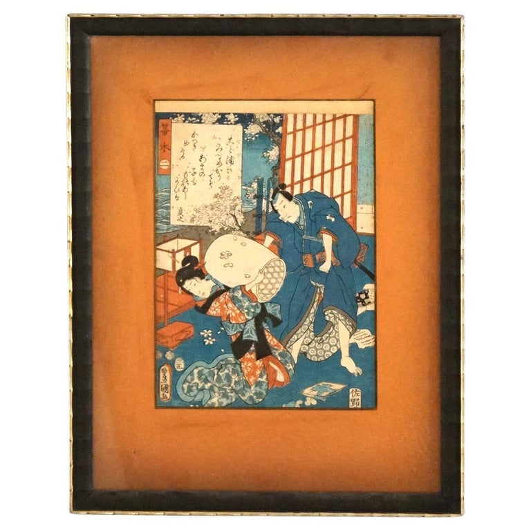 Antique Japanese Woodblock Print with Figures by Kunisada, Framed, C1920