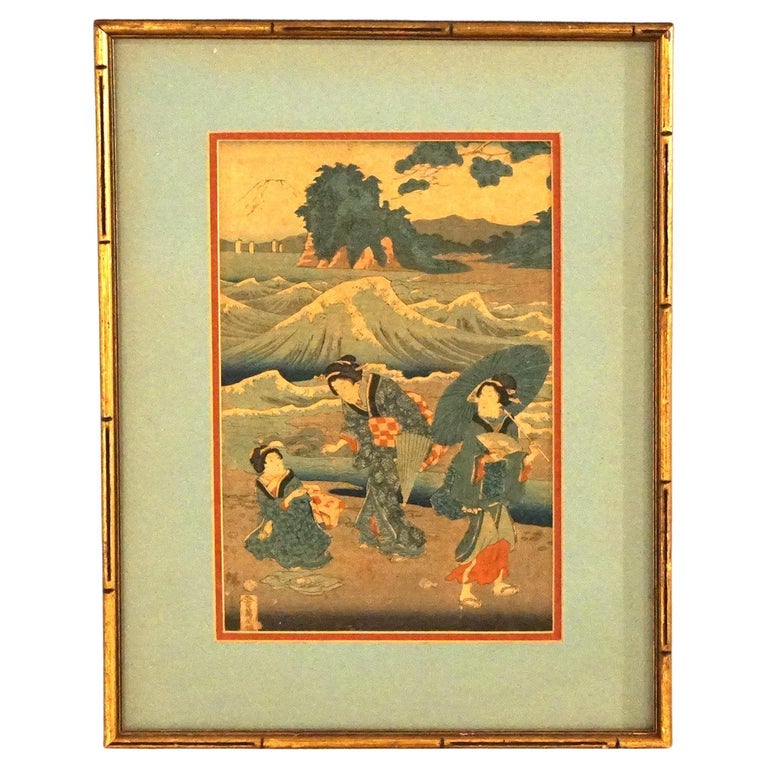 Antique Japanese Woodblock Print by Sadatora, Exterior Genre Scene, C1920