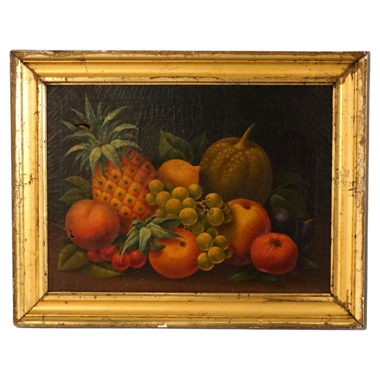 Antique Rosen School Folk Art Fruit Still Life Oil On Canvas Painting C1830