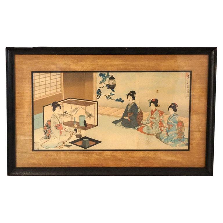 Antique Japanese Woodblock Triptych (3 Panel) Print by Toyohara, Framed, C1920
