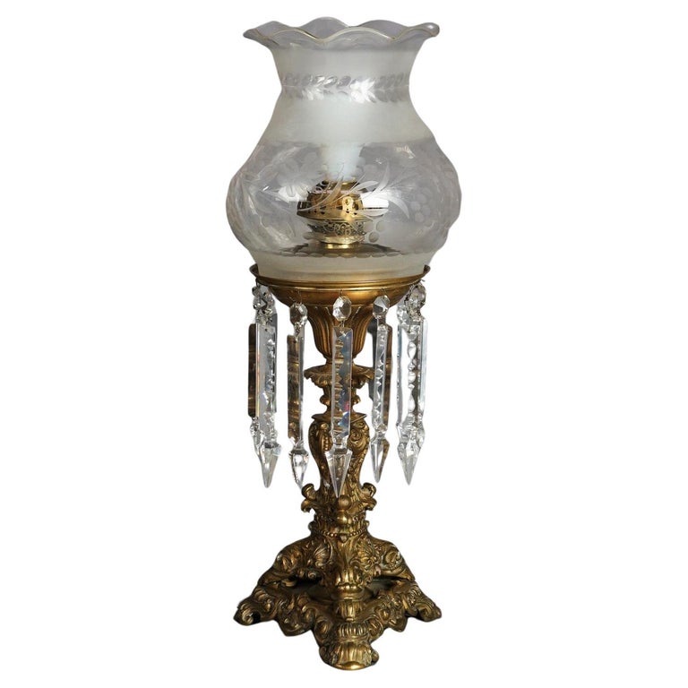 Antique Argand Sinumbra Bronze, Crystal & Brass Solar Lamp, Electrified, c1840