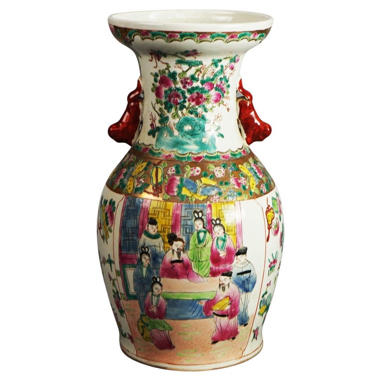 Vintage Chinese Porcelain Vase with Genre Scene & Garden Flowers, Stamped, C1930